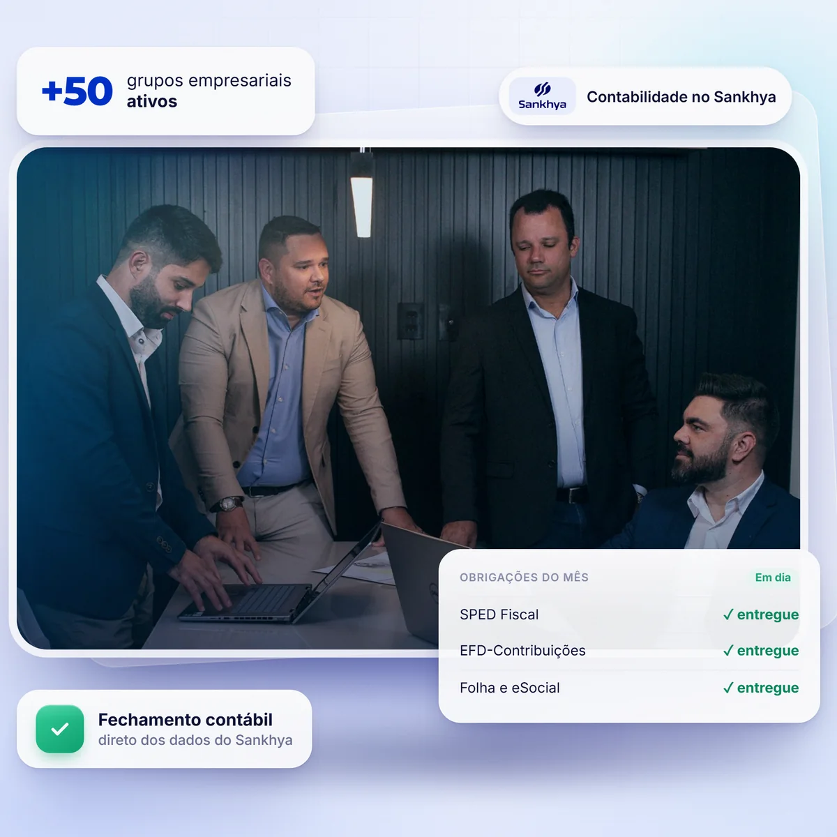 Equipe da Innovatt Gestão Contábil em reunião, com destaques: mais de 50 grupos empresariais ativos e obrigações do mês em dia